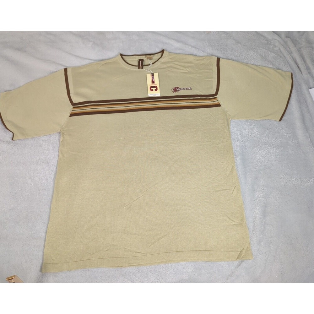 Clench Jeans Shirt Mens XXL Khaki Striped Crew Neck Short Sleeve Casual Knit NEW